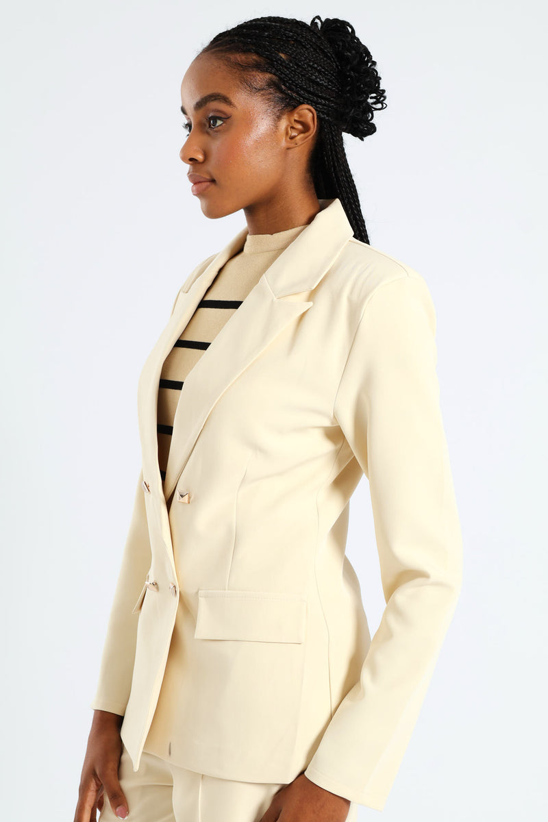 Long Length Double Button Sleeve Blazer - Cream