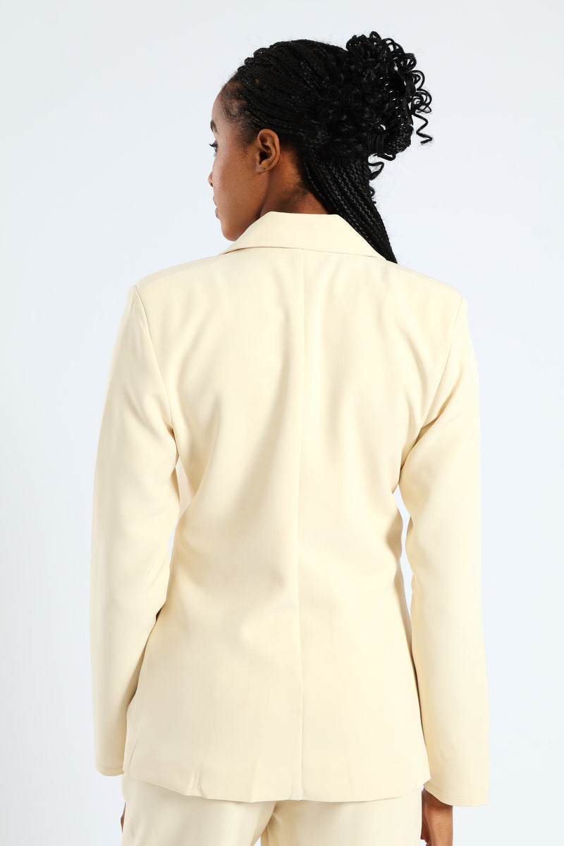 Long Length Double Button Sleeve Blazer - Cream