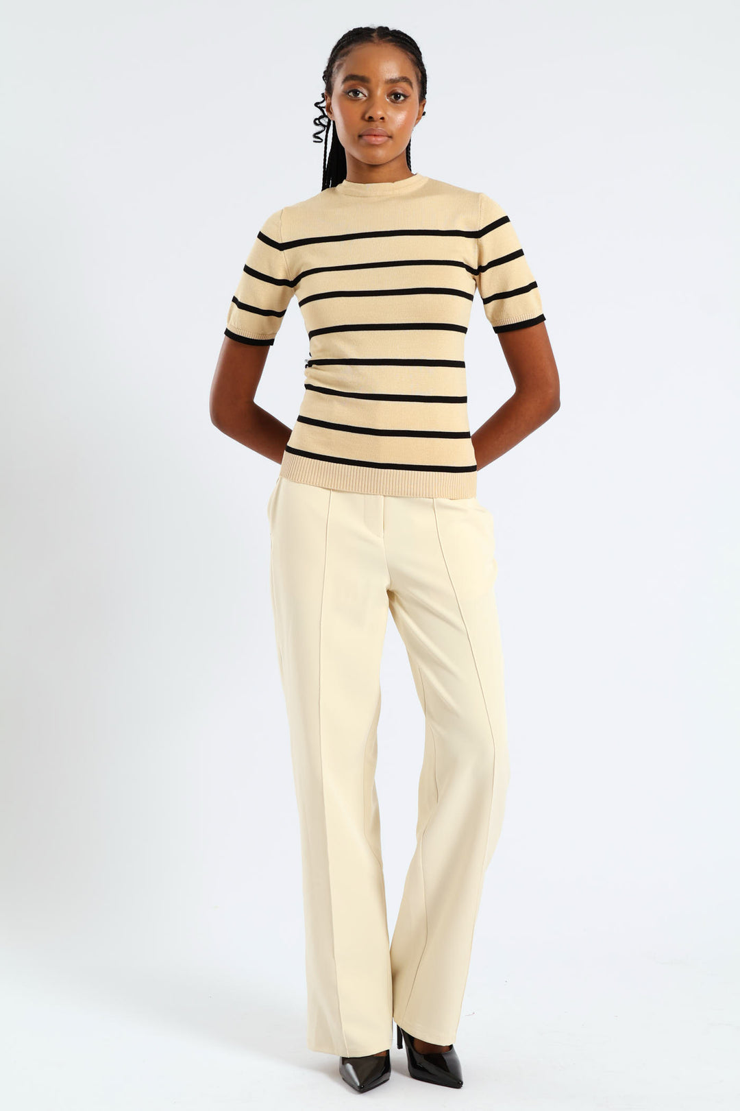 Hi Neck Striped Pullover - Taupe