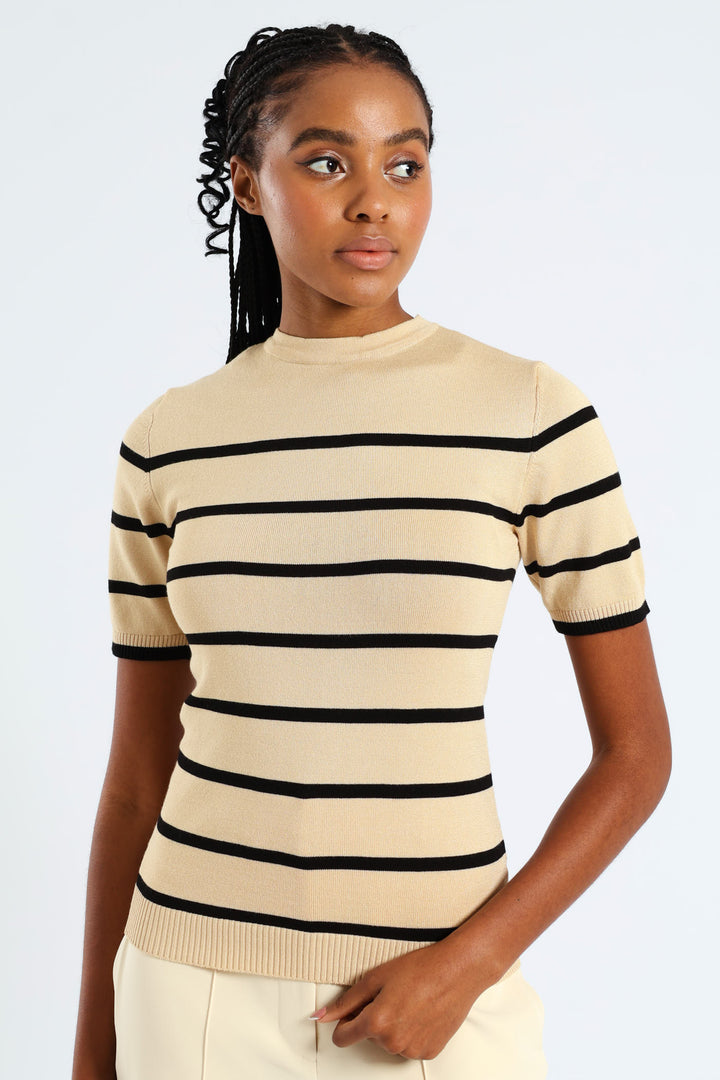 Hi Neck Striped Pullover - Taupe