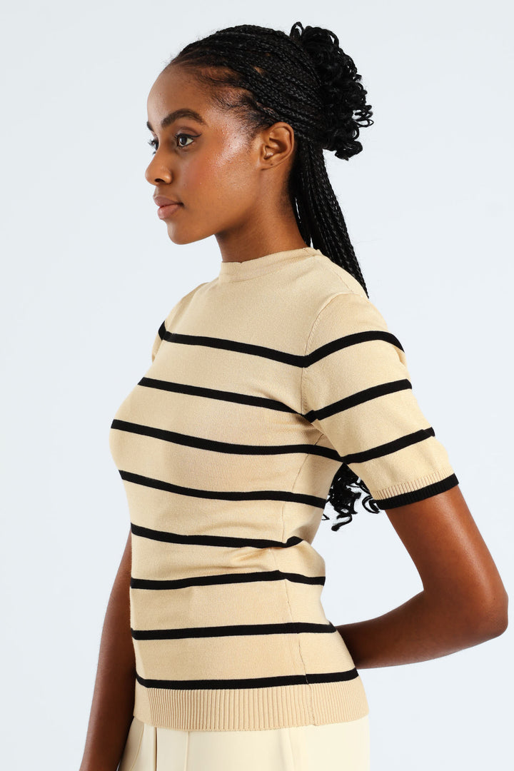 Hi Neck Striped Pullover - Taupe