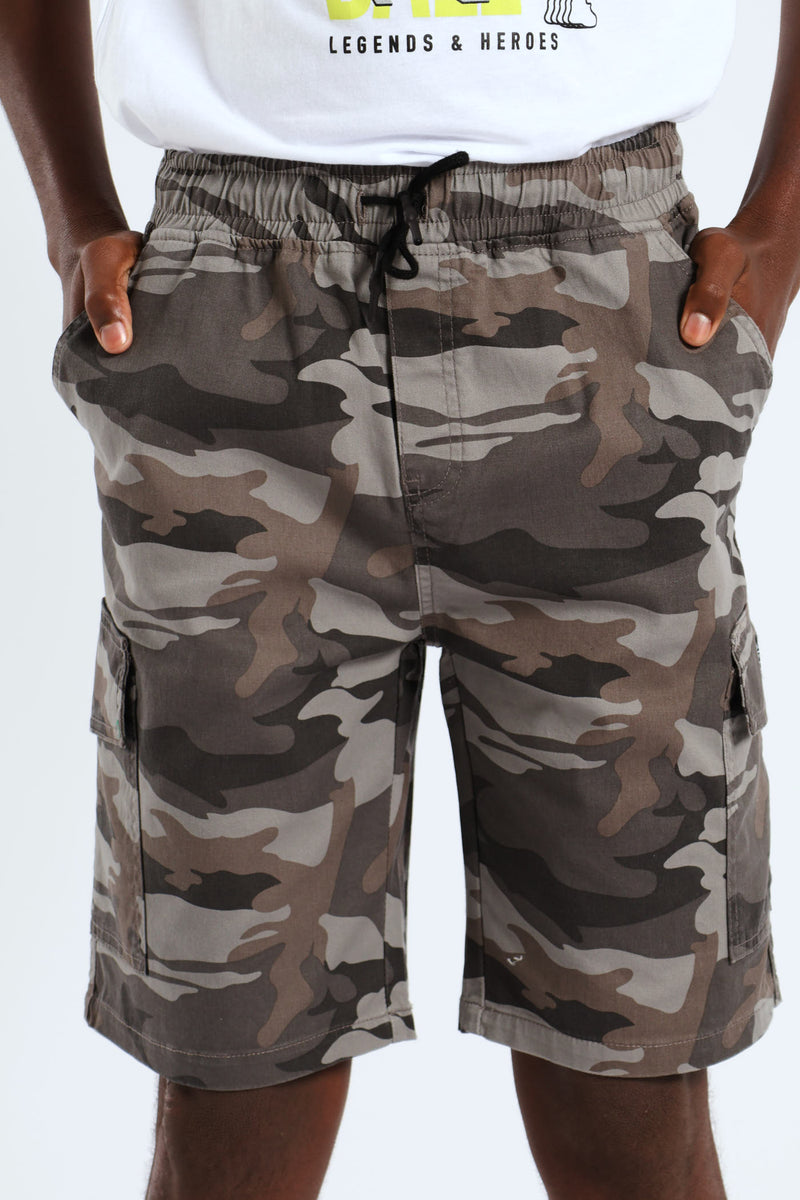 Boys Camo Print Cargo Short - Grey