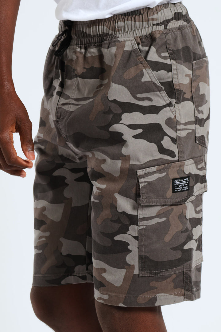 Boys Camo Print Cargo Short - Grey