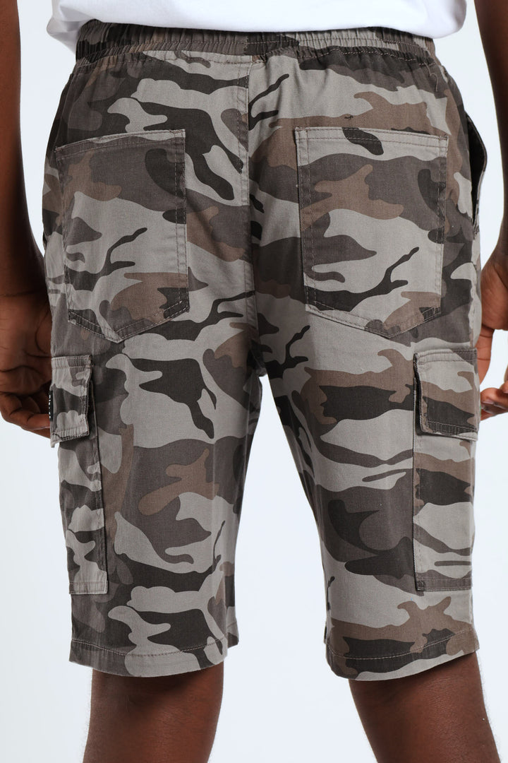 Boys Camo Print Cargo Short - Grey