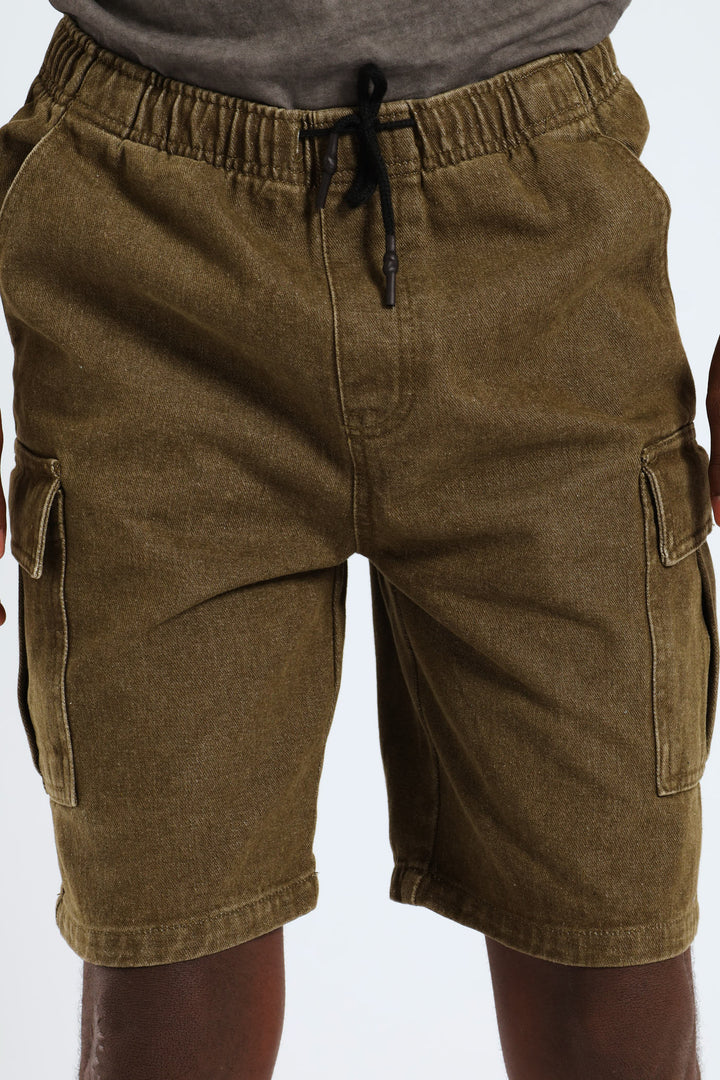 Boys Bull Denim Wash Cargo Short - Olive