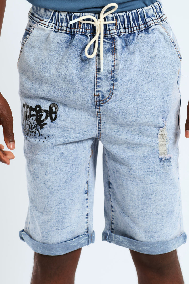 Boys Grafitti Pull On Short - Light Acid Wash