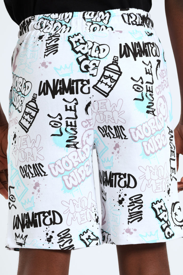 Boys Graffiti Print Fleece Short - White