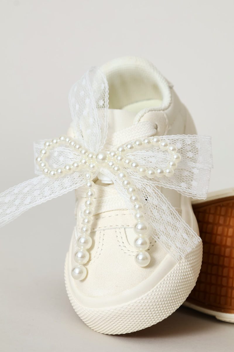 Keedo Girls Pearl & Lace Bow Sneaker - Cream