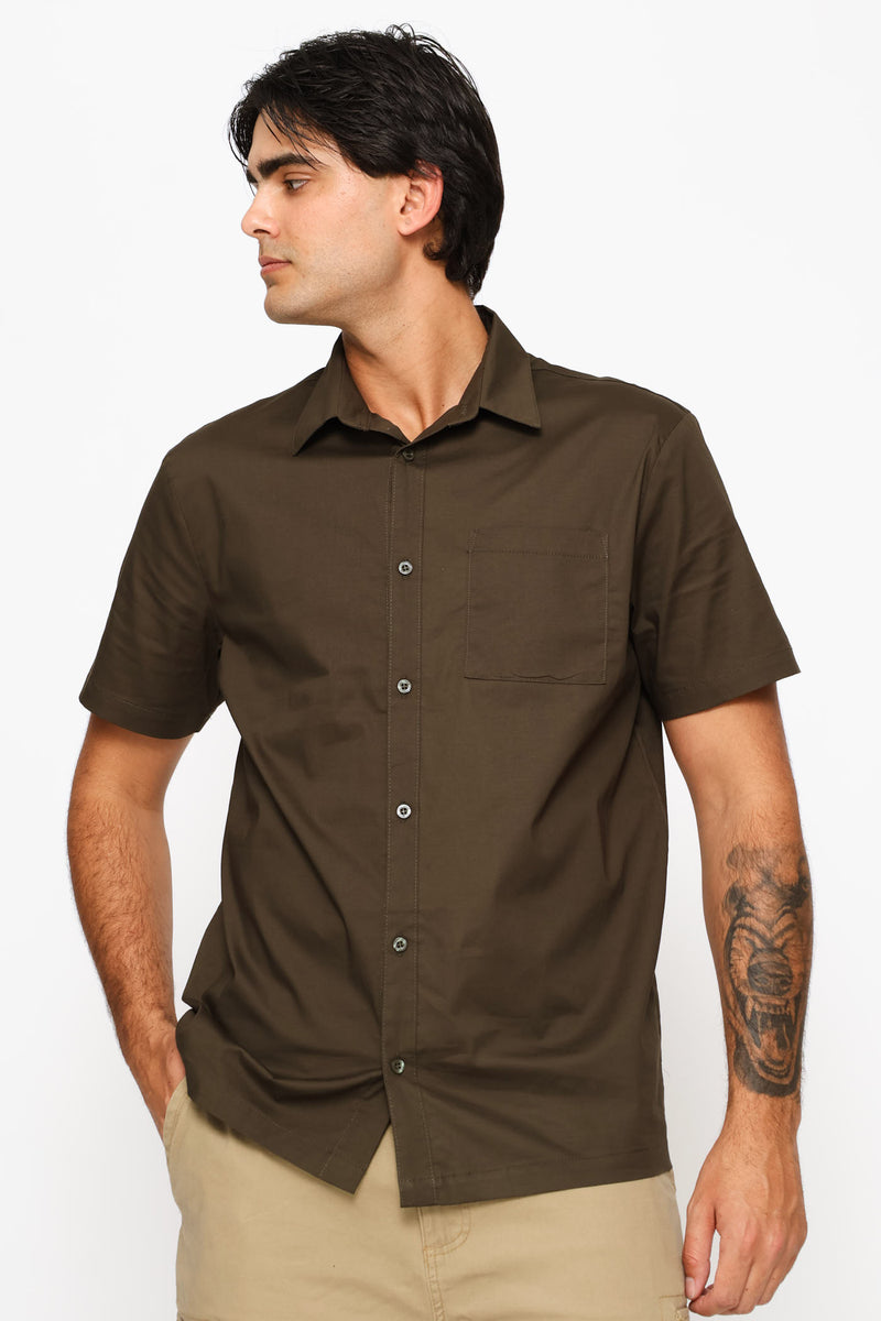 Short Sleeve Cotton Poplin Shirt - Dark Fatigue