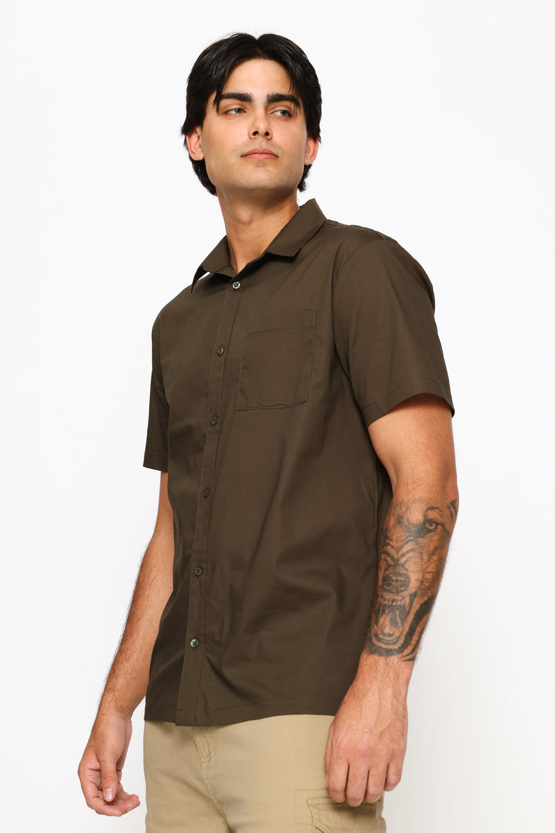 Short Sleeve Cotton Poplin Shirt - Dark Fatigue