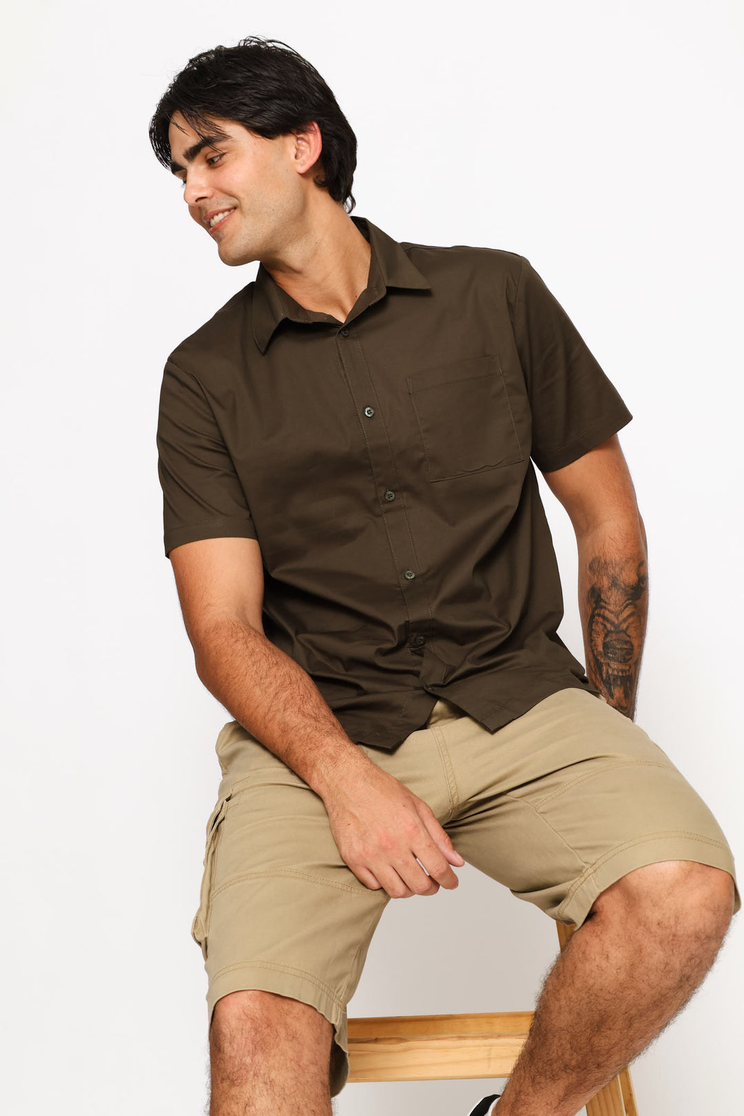 Short Sleeve Cotton Poplin Shirt - Dark Fatigue