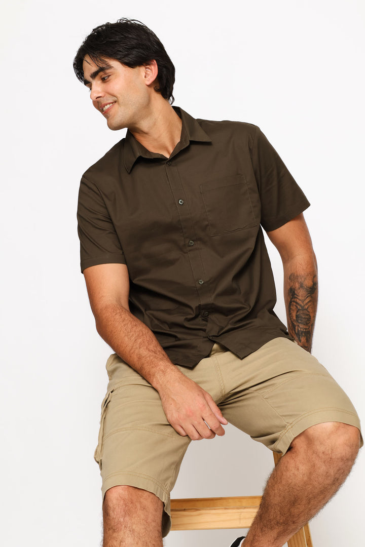 Short Sleeve Cotton Poplin Shirt - Dark Fatigue
