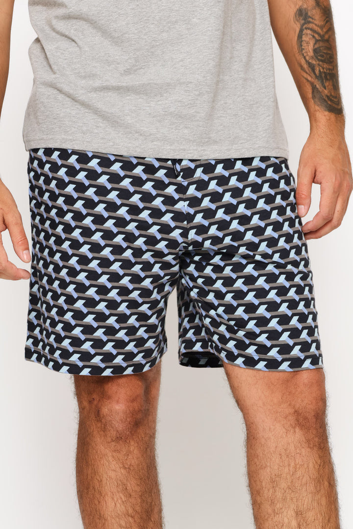 Geo Print Knit Sleep Shorts - Navy/Indigo