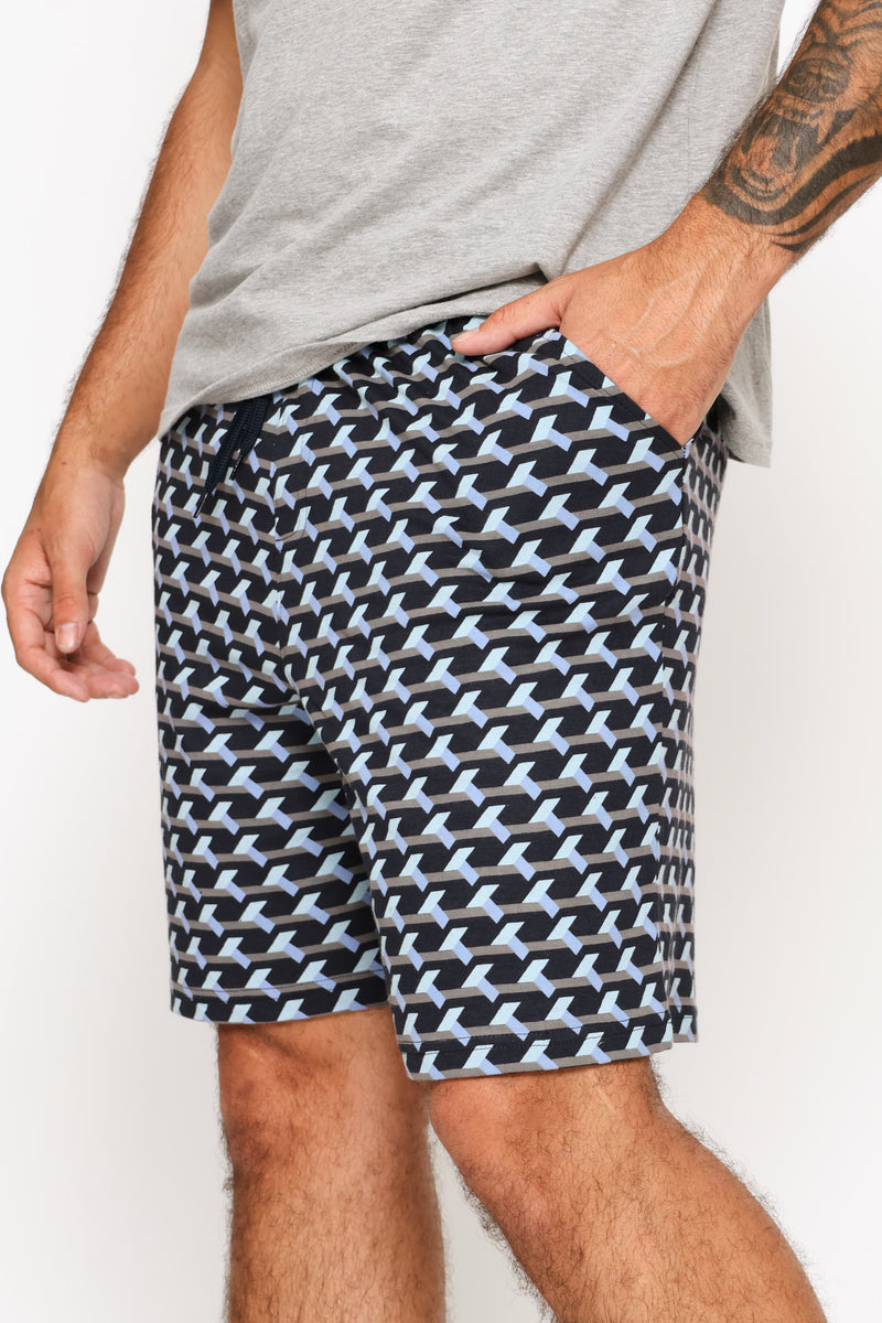 Geo Print Knit Sleep Shorts - Navy/Indigo