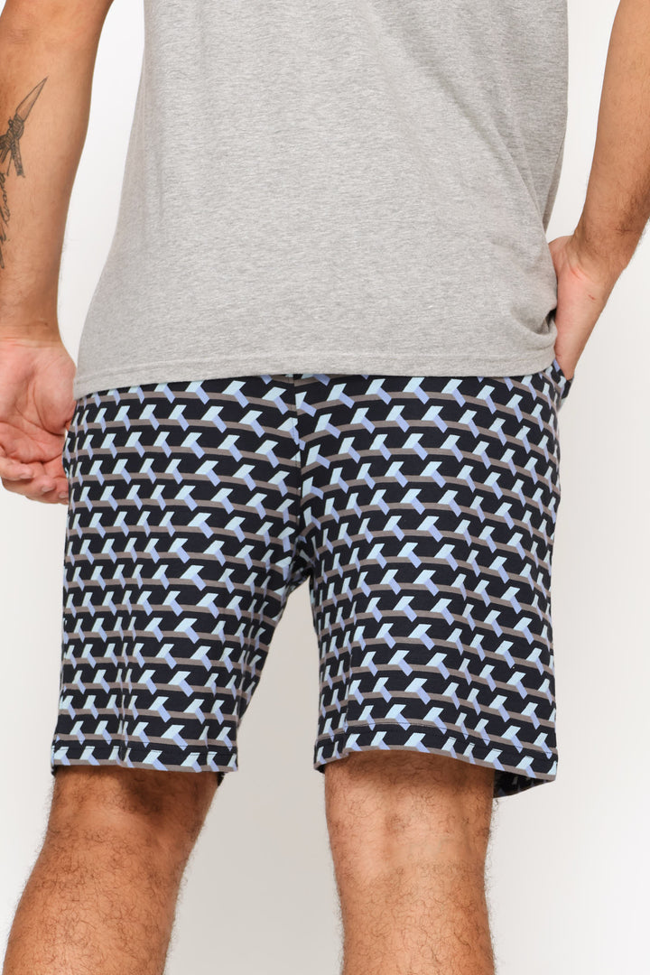 Geo Print Knit Sleep Shorts - Navy/Indigo