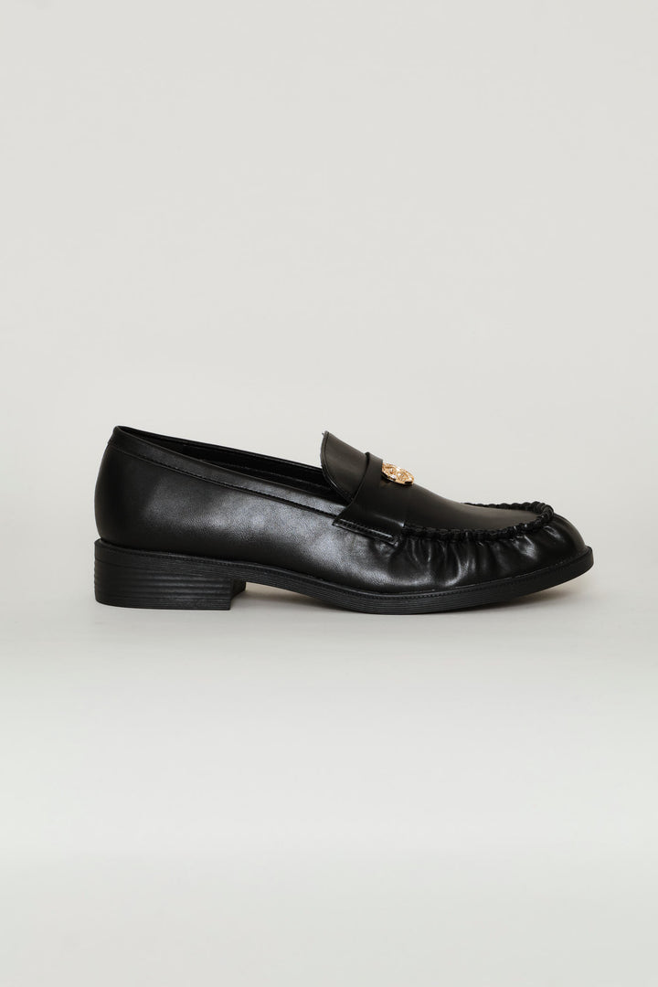 Ruched Vamp Penny Moccasin Loafer - Black