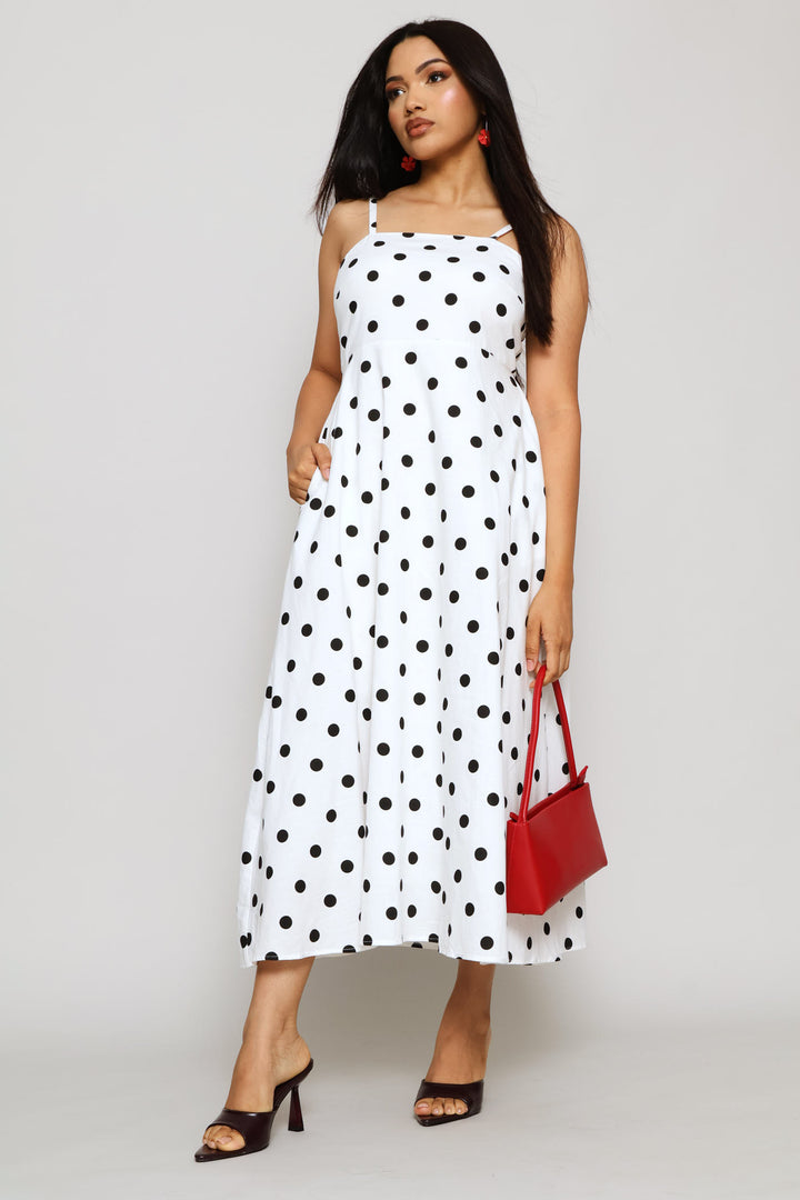 Strappy Boobtube A-Line Polka Dot Maxi Dress - White/Black