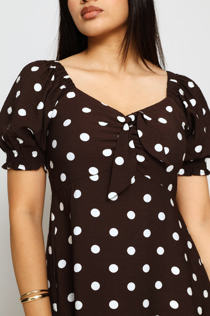 Elasticated Cuff Cap Sleeve Tie Front Maxi Dress - Chocolate