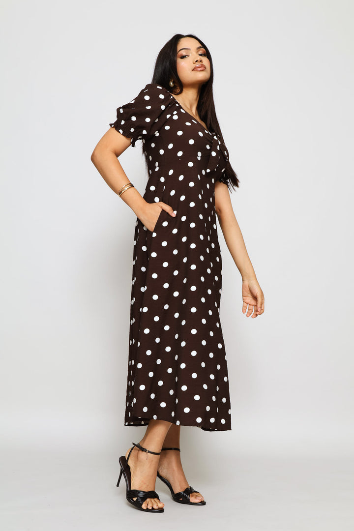 Elasticated Cuff Cap Sleeve Tie Front Maxi Dress - Chocolate