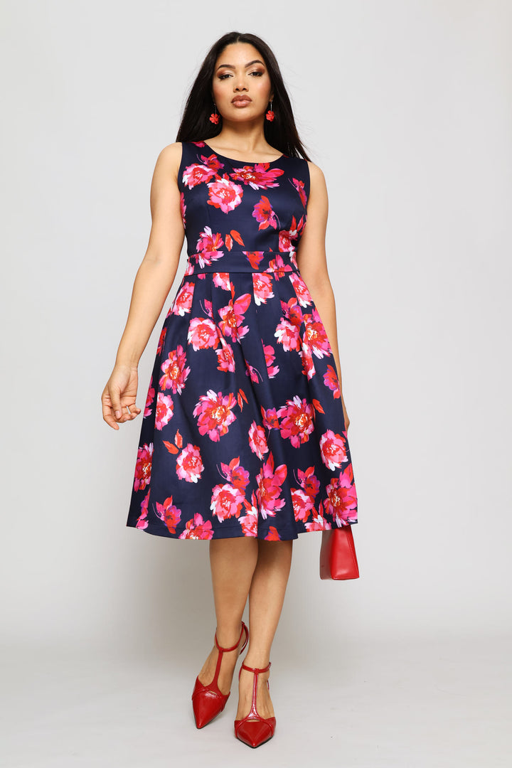 Sleeveless Boat Neck Midi Dress - Navy Floral
