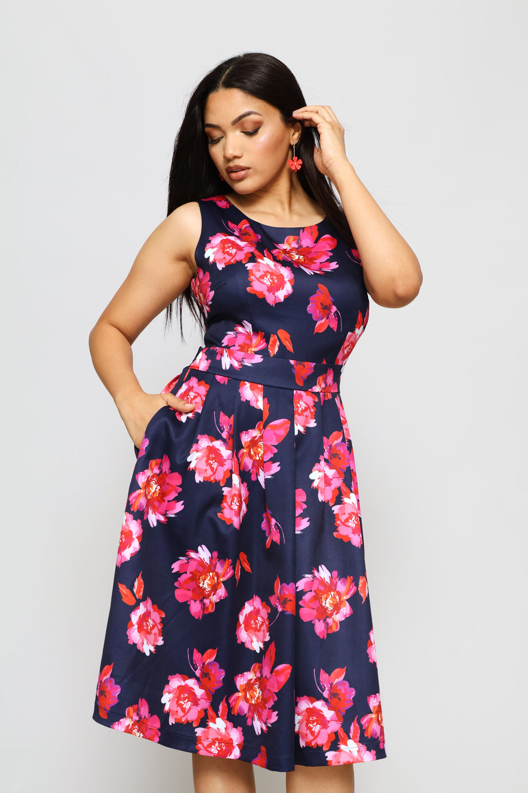 Sleeveless Boat Neck Midi Dress - Navy Floral