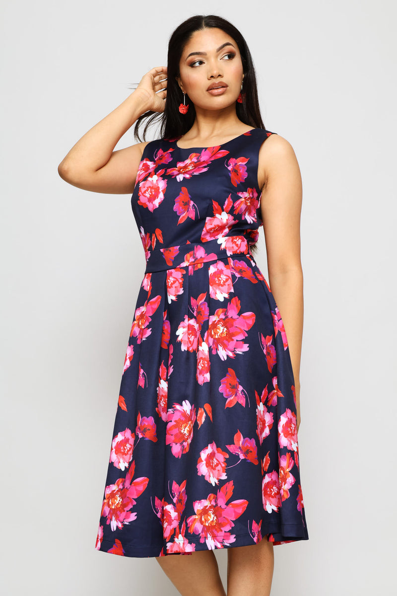 Sleeveless Boat Neck Midi Dress - Navy Floral