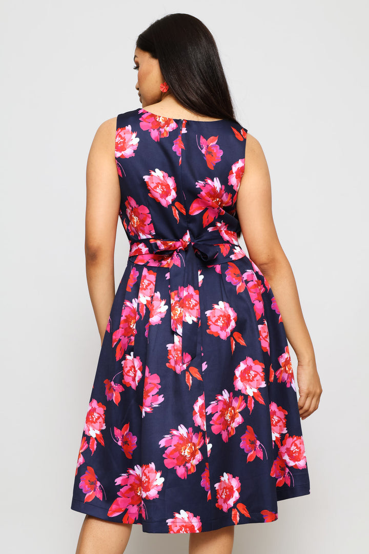 Sleeveless Boat Neck Midi Dress - Navy Floral