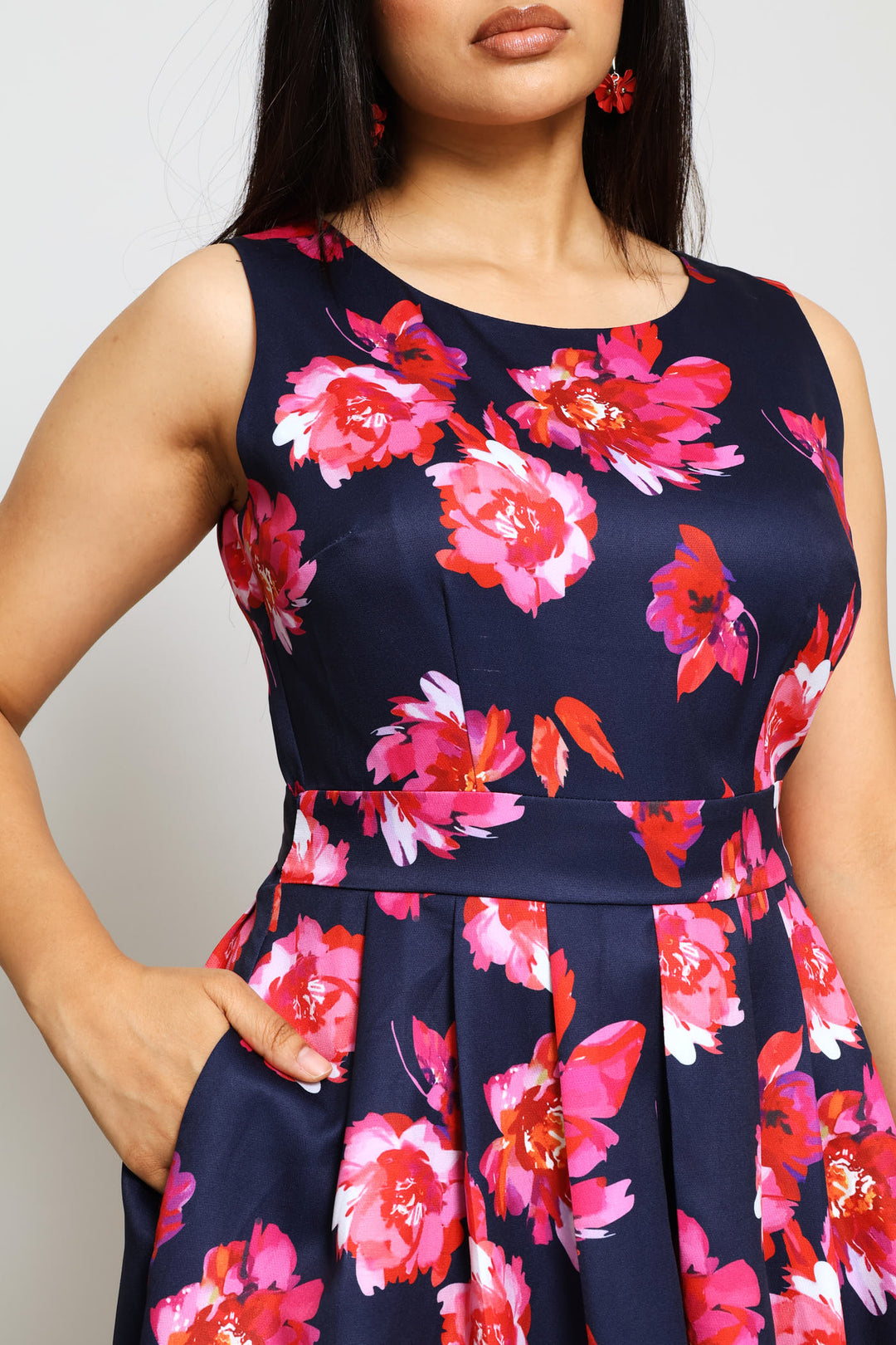 Sleeveless Boat Neck Midi Dress - Navy Floral