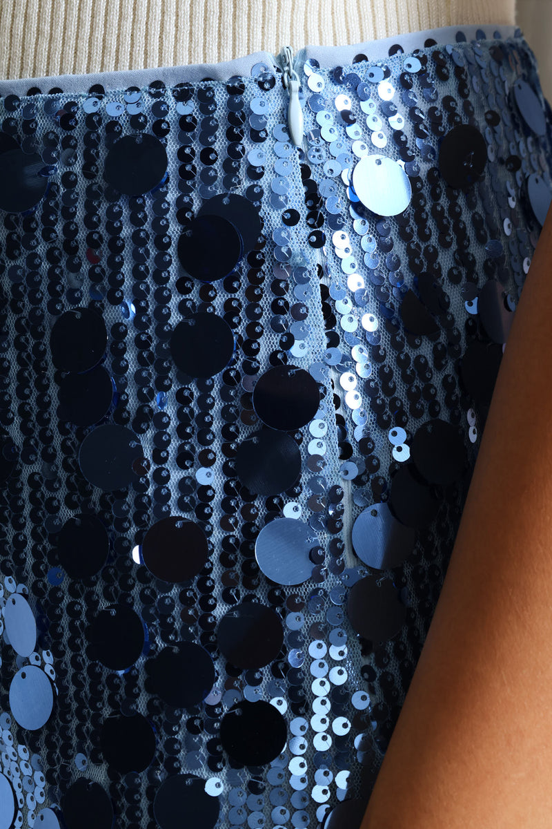 High Waisted Sequin Maxi Skirt With Back Slit - Blue