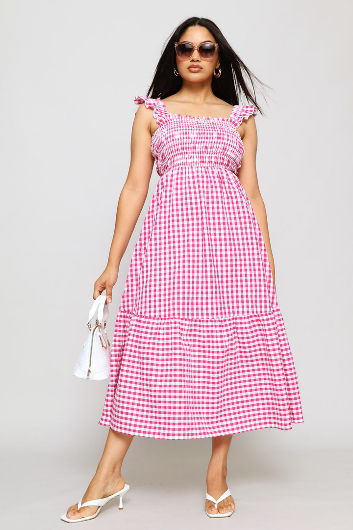 Frill Strap Shirred Bodice Frill Hem Midaxi Dress - Fuchsia