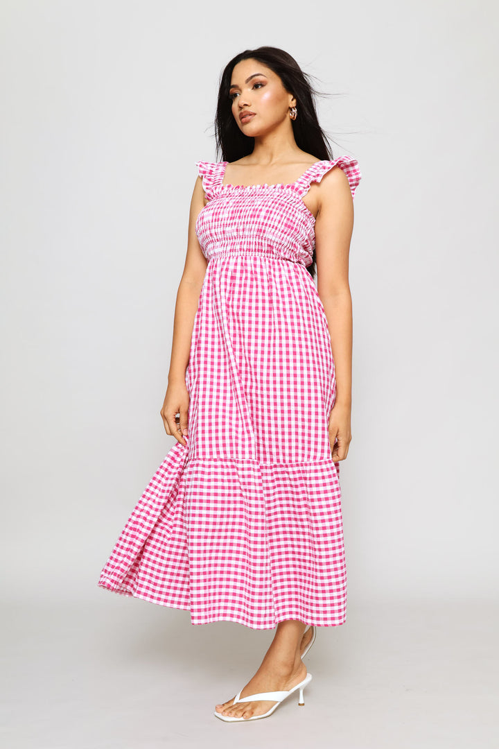 Frill Strap Shirred Bodice Frill Hem Midaxi Dress - Fuchsia