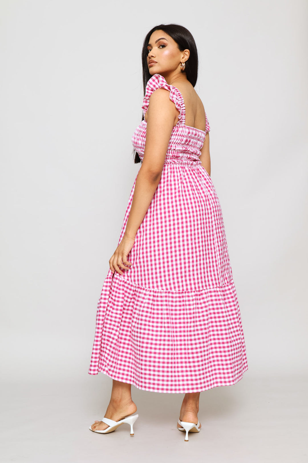 Frill Strap Shirred Bodice Frill Hem Midaxi Dress - Fuchsia