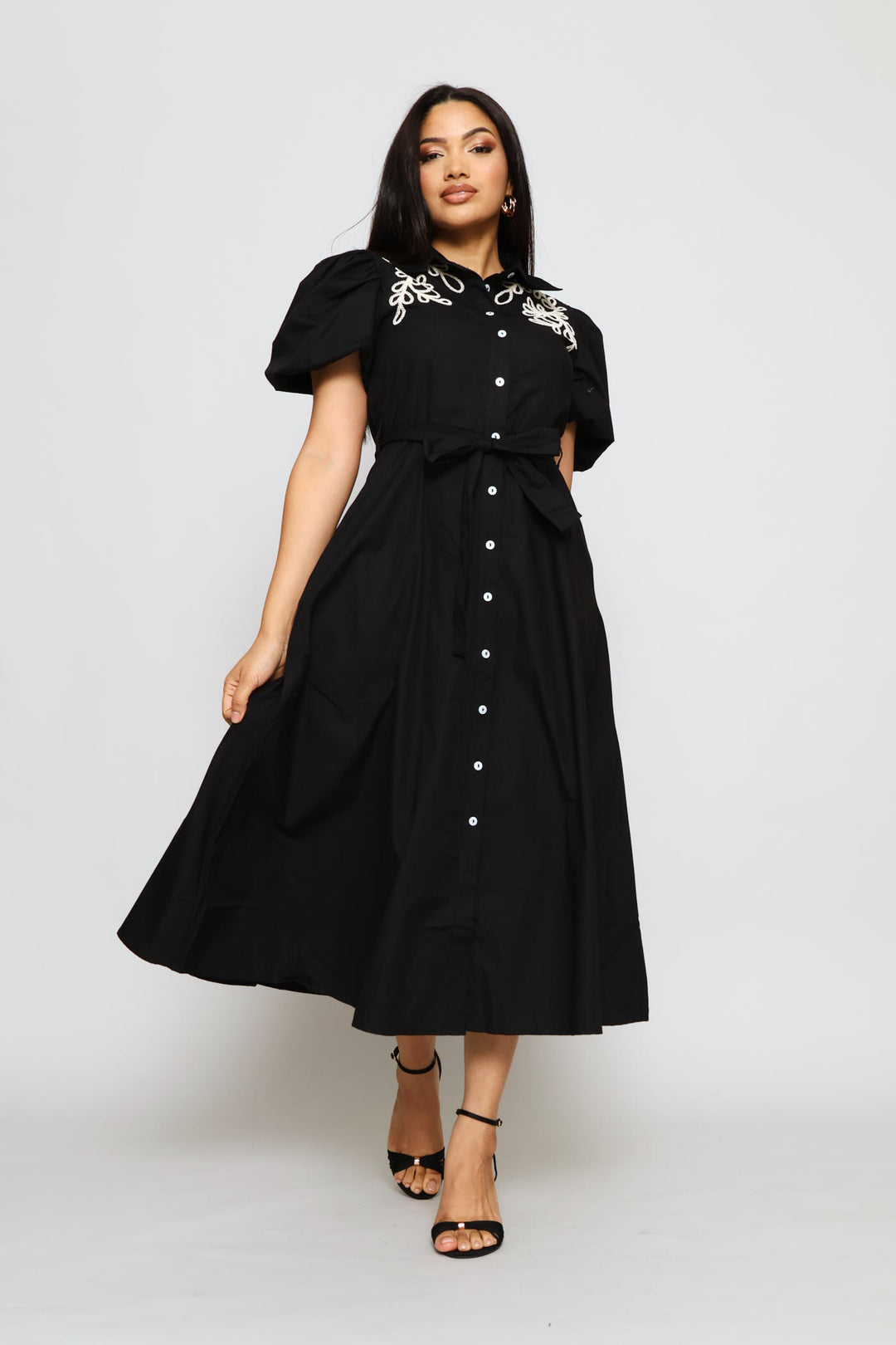 Bubble Sleeve Fit & Flare Cornelli Shirt Midi Dress - Black
