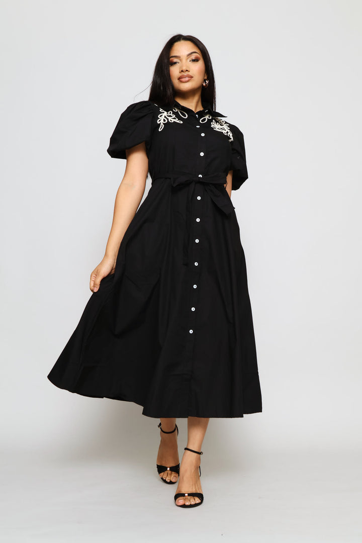 Bubble Sleeve Fit & Flare Cornelli Shirt Midi Dress - Black