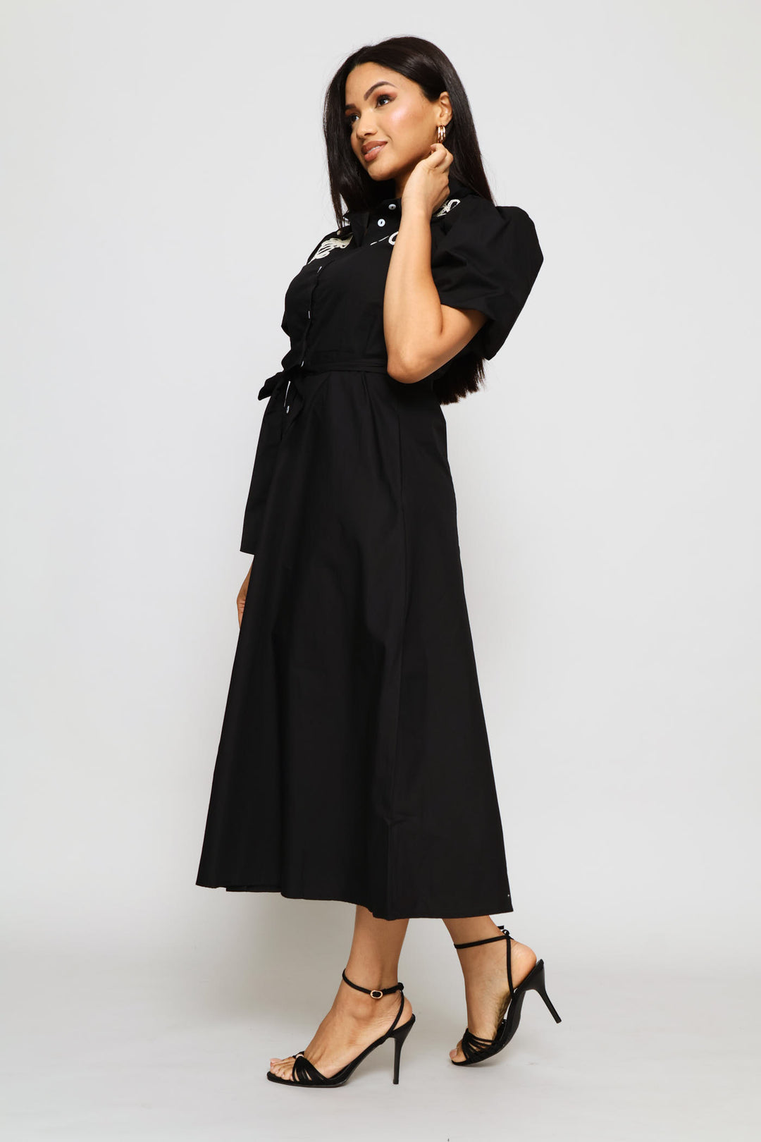 Bubble Sleeve Fit & Flare Cornelli Shirt Midi Dress - Black