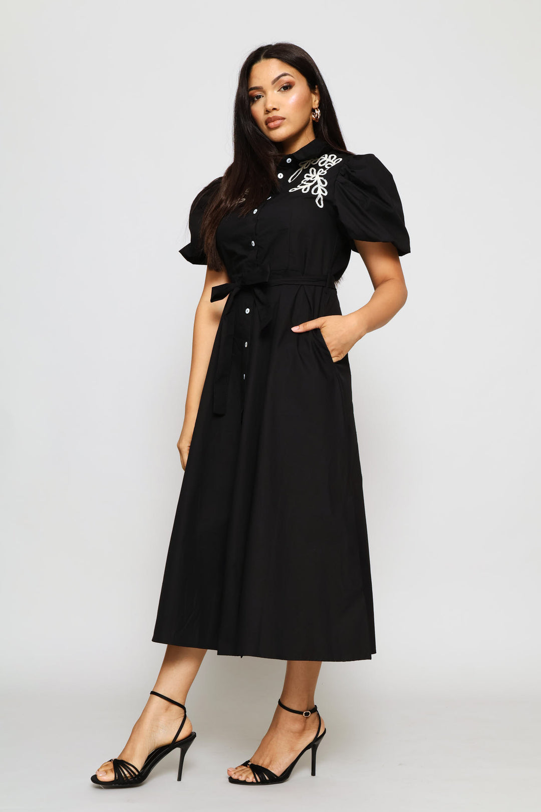 Bubble Sleeve Fit & Flare Cornelli Shirt Midi Dress - Black