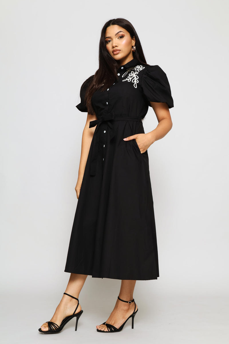 Bubble Sleeve Fit & Flare Cornelli Shirt Midi Dress - Black