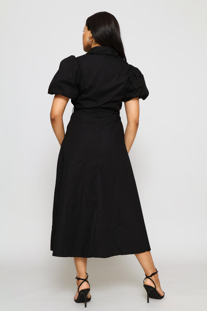 Bubble Sleeve Fit & Flare Cornelli Shirt Midi Dress - Black