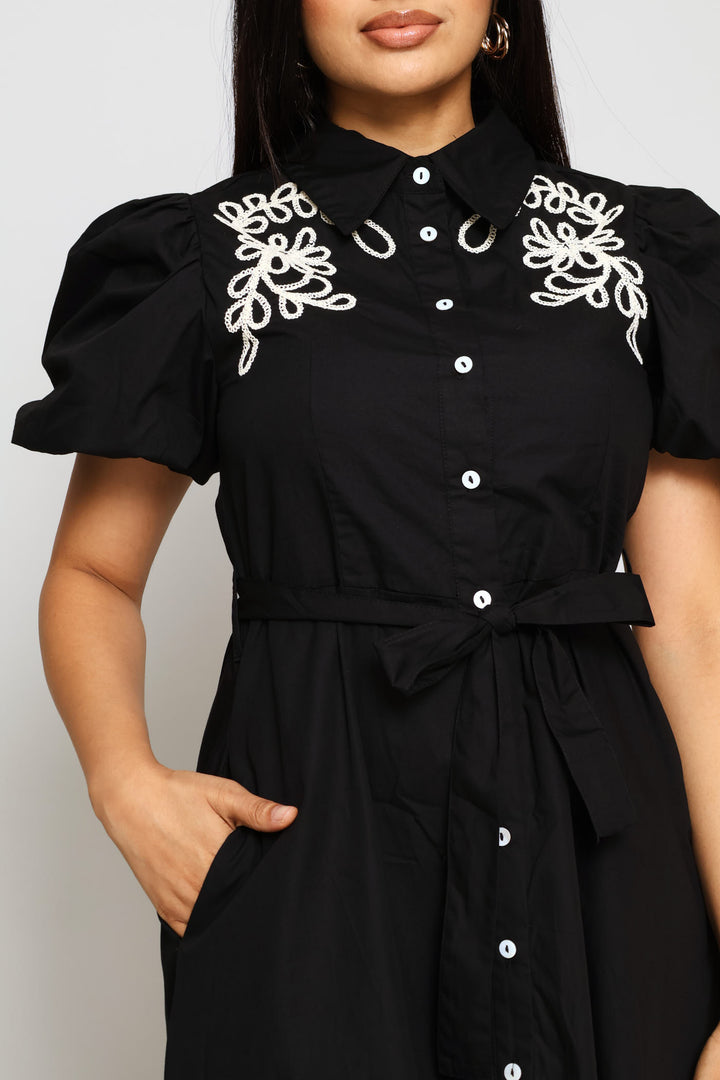 Bubble Sleeve Fit & Flare Cornelli Shirt Midi Dress - Black