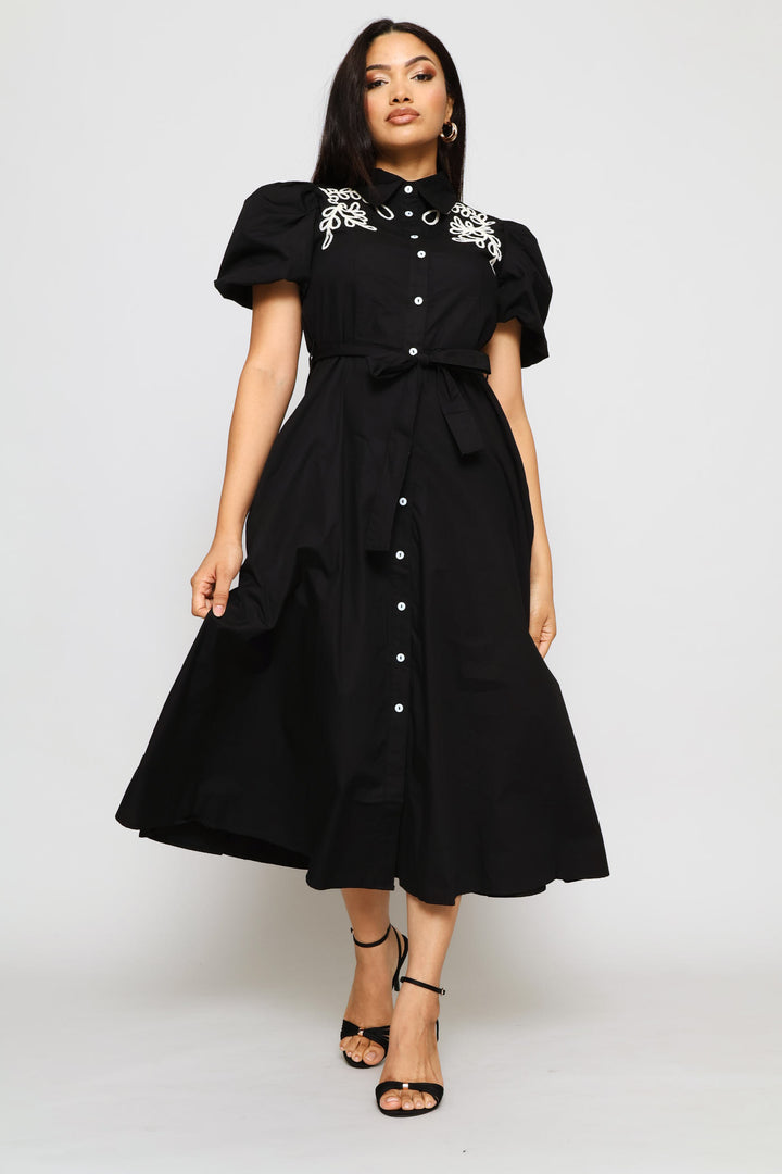 Bubble Sleeve Fit & Flare Cornelli Shirt Midi Dress - Black
