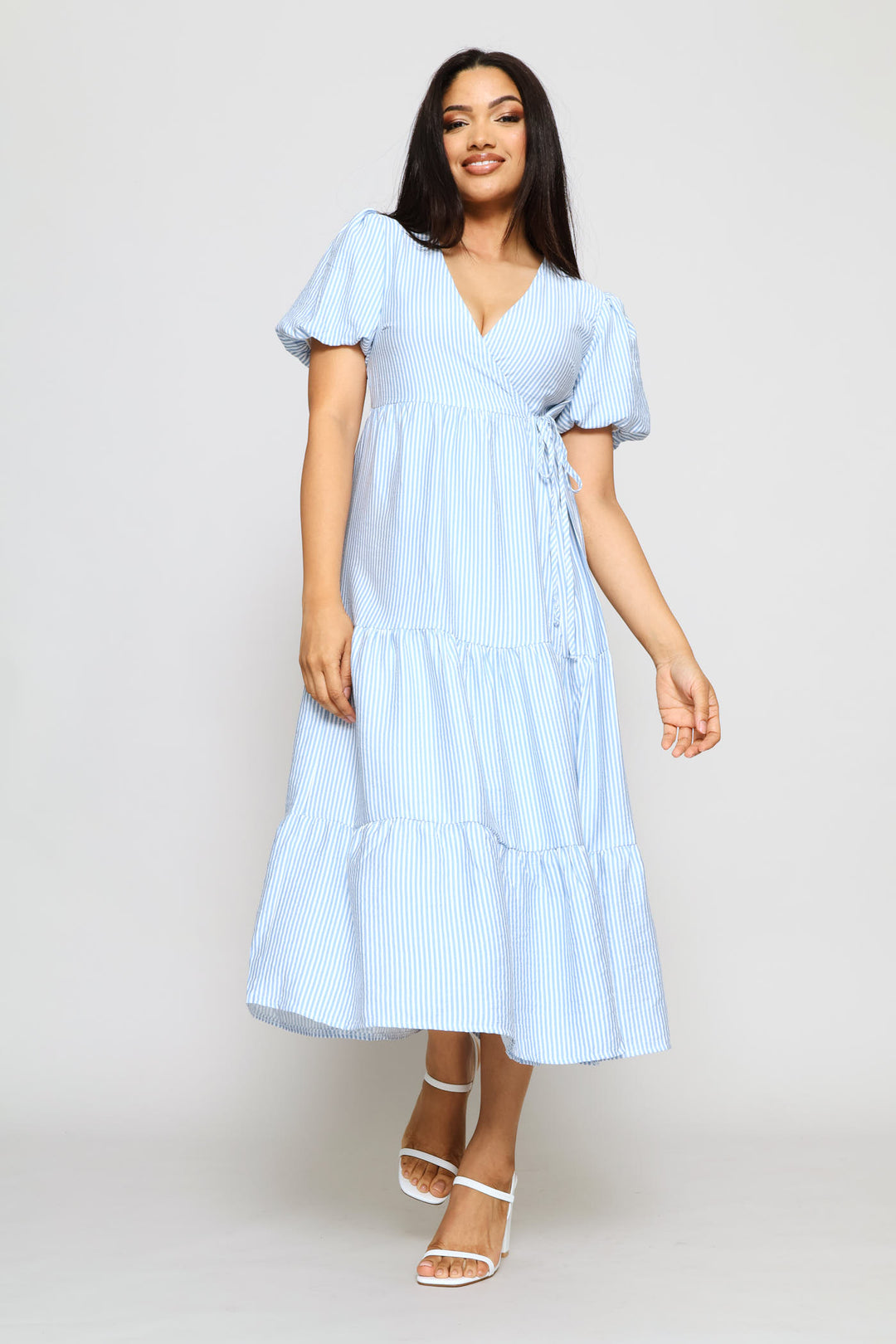 Bubble Sleeve Tiered Wrap Midi Dress - White/Blue