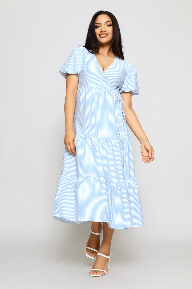 Bubble Sleeve Tiered Wrap Midi Dress - White/Blue