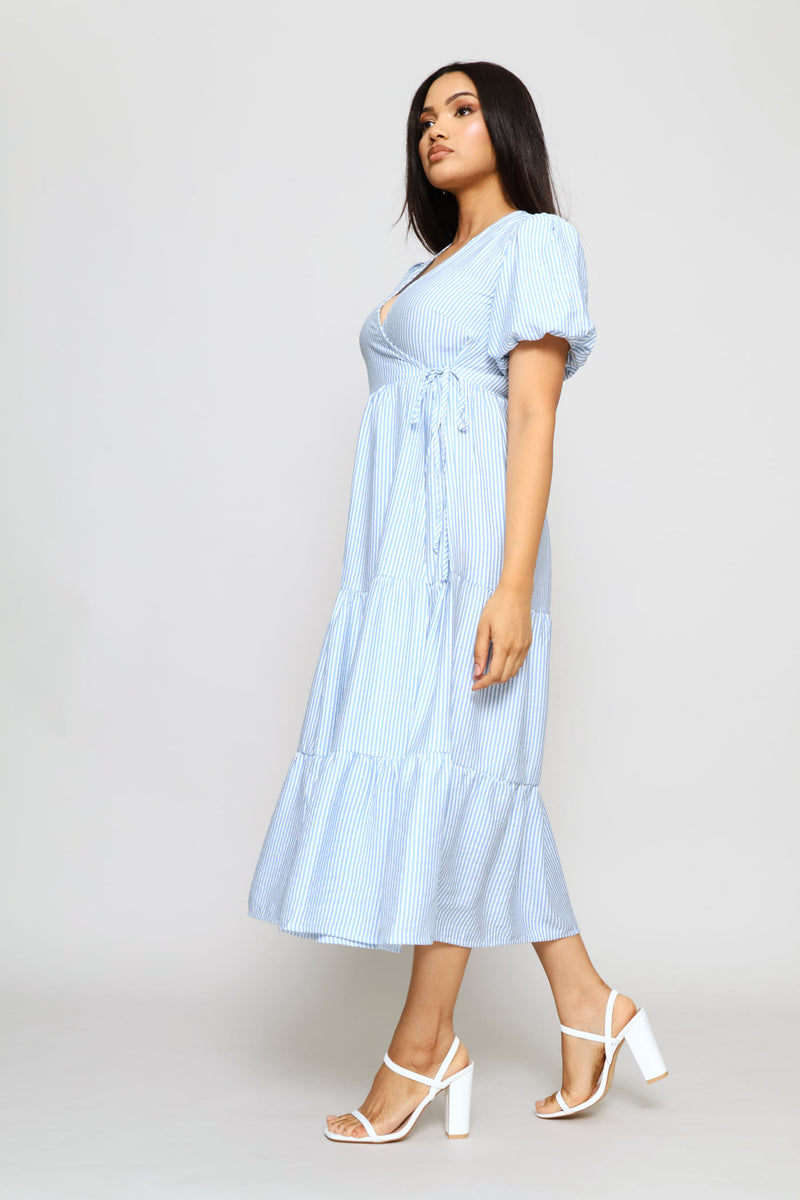 Bubble Sleeve Tiered Wrap Midi Dress - White/Blue