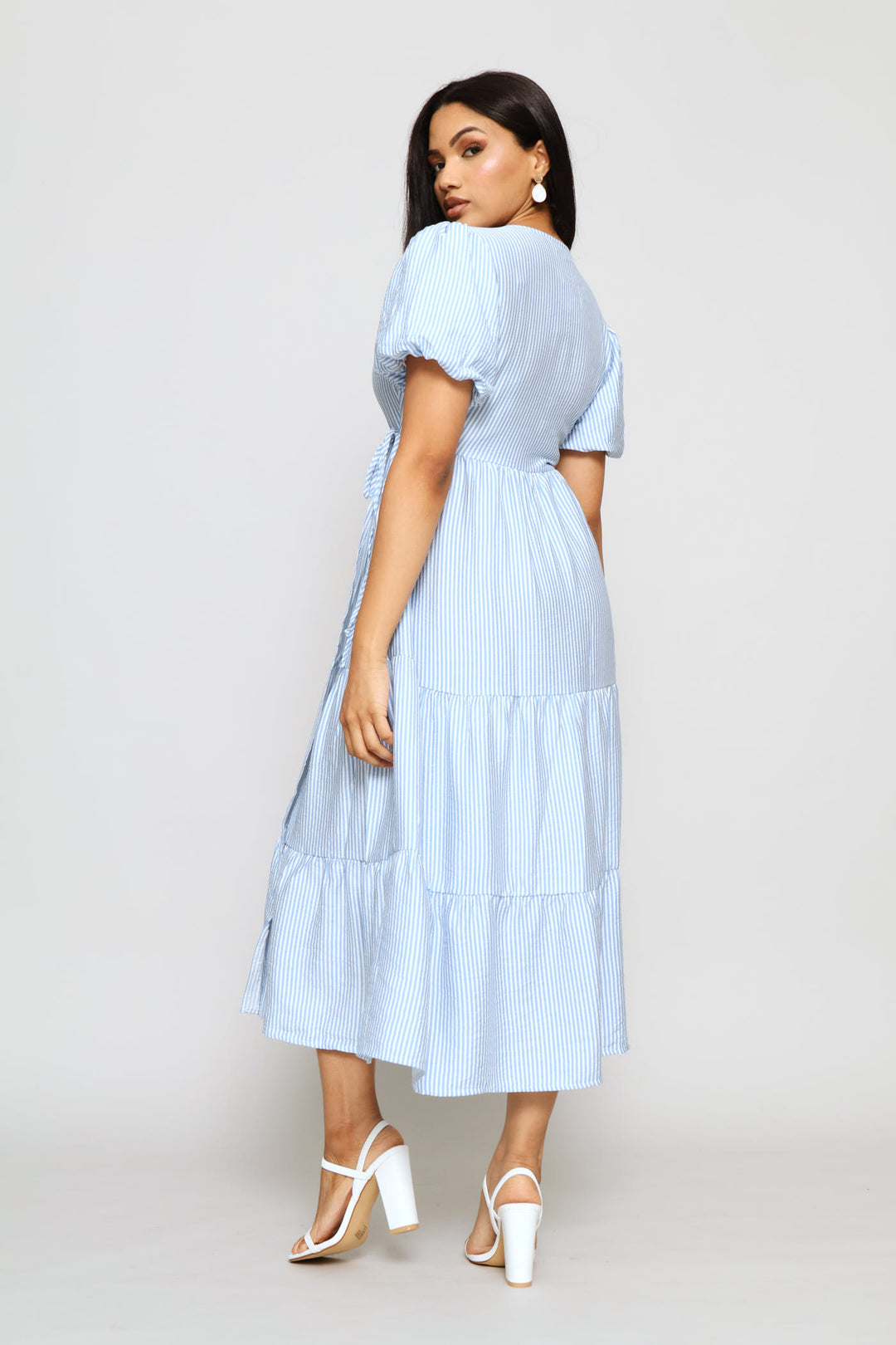 Bubble Sleeve Tiered Wrap Midi Dress - White/Blue