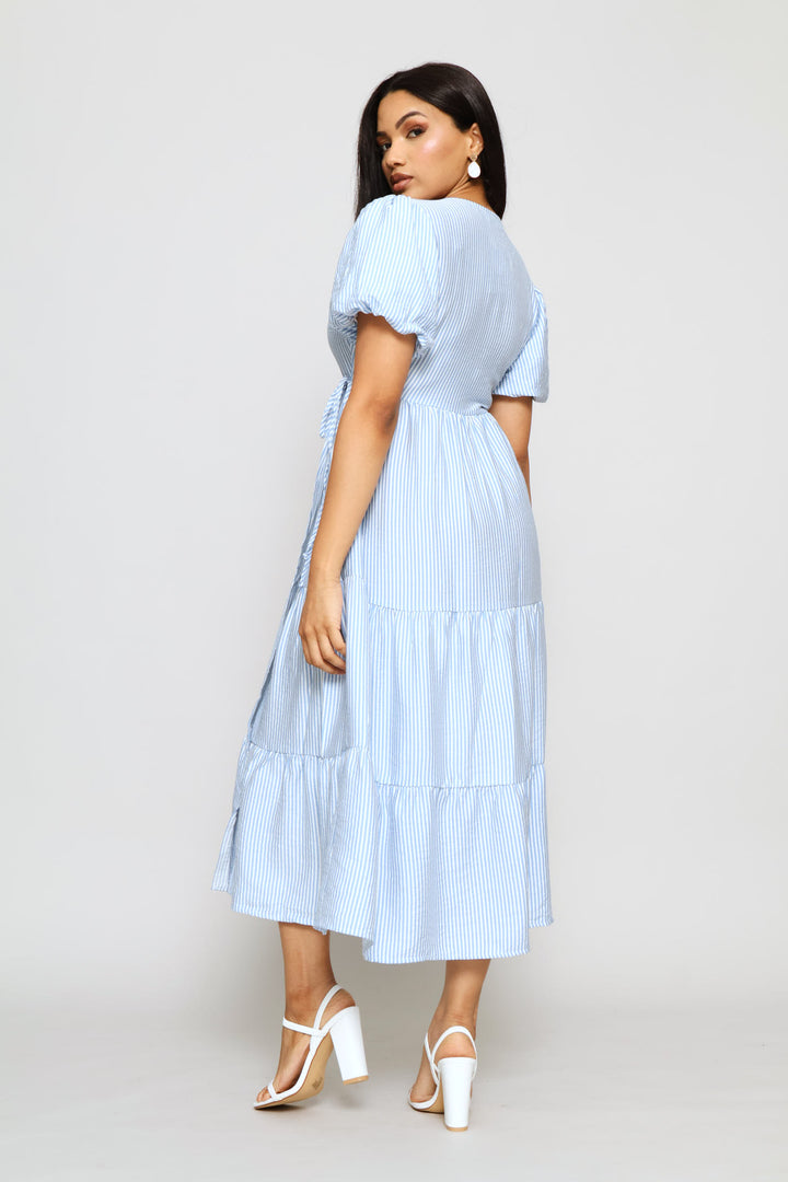 Bubble Sleeve Tiered Wrap Midi Dress - White/Blue