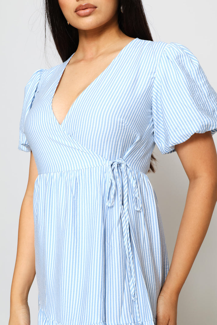Bubble Sleeve Tiered Wrap Midi Dress - White/Blue
