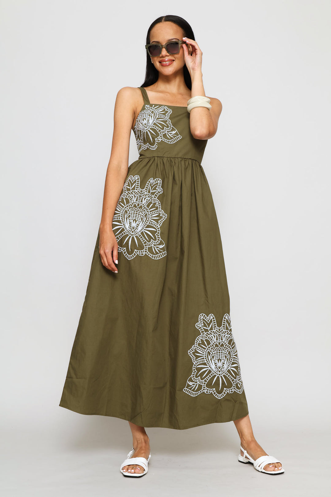 Embroidered Motif Fit & Flare Midaxi Dress - Dark Olive