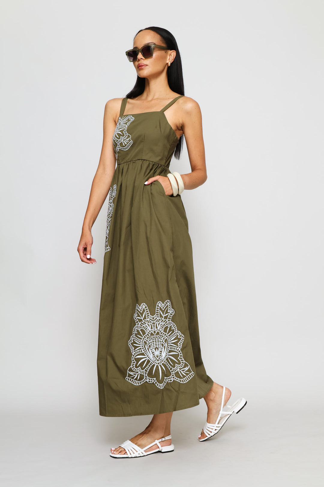Embroidered Motif Fit & Flare Midaxi Dress - Dark Olive