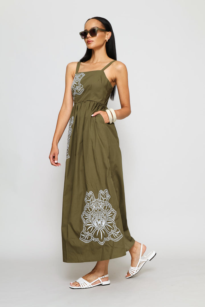 Embroidered Motif Fit & Flare Midaxi Dress - Dark Olive