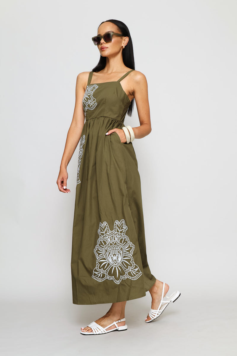 Embroidered Motif Fit & Flare Midaxi Dress - Dark Olive